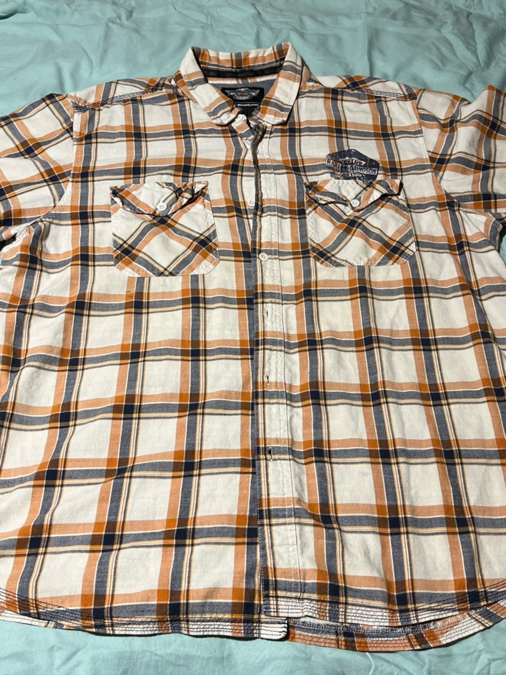 Harley-Davidson White, Orange and Navy Plaid Button-Down Shirt